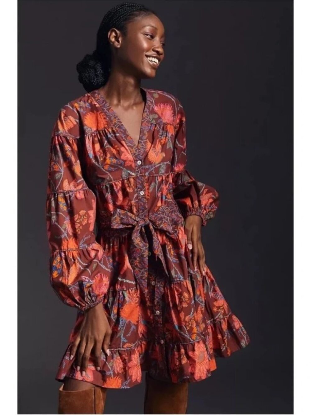 Anthropologie Farm Rio Red Orange Floral Mini Dress Petite Puff Sleeve Cotton